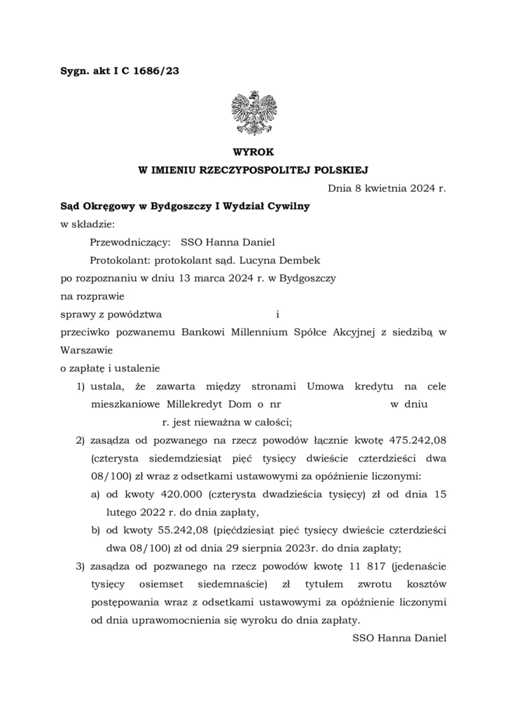 Wyrok przeciwko bankowi Millenium unieważniający kredyt frankowy (CHF).