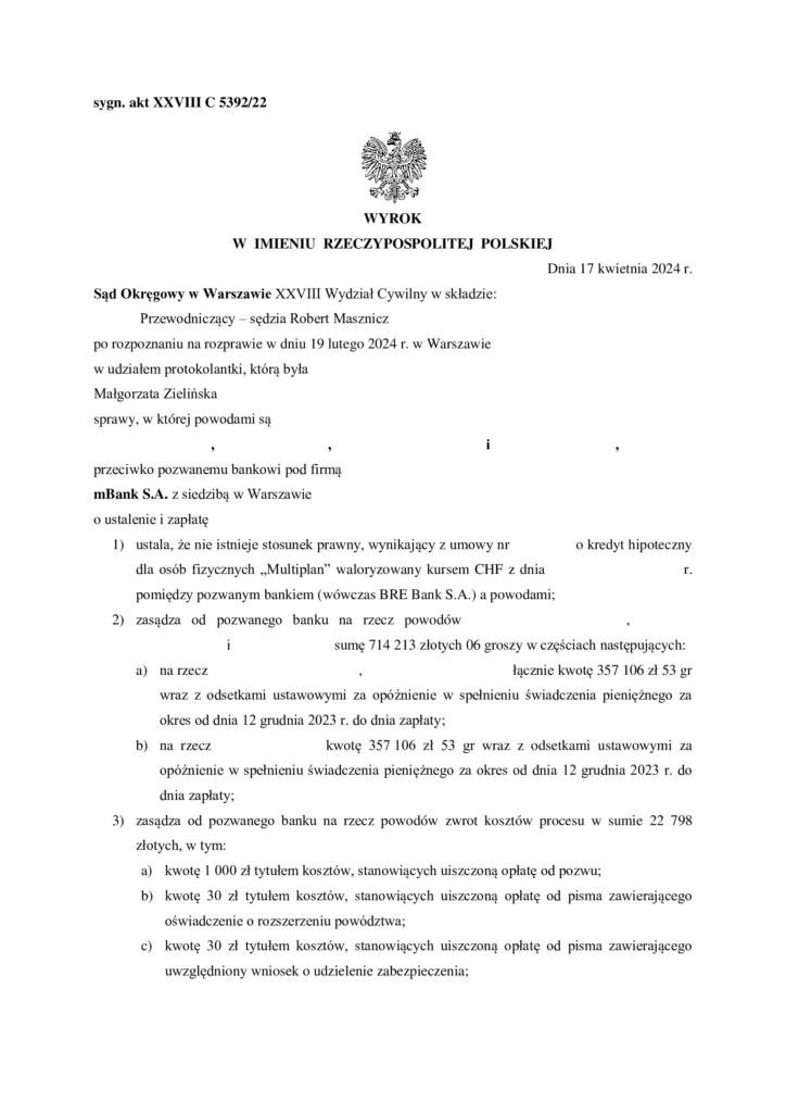 Unieważnienie umowy frankowej w kwietniu 2024 roku. Sąd unieważnił kredyt frankowy (CHF).